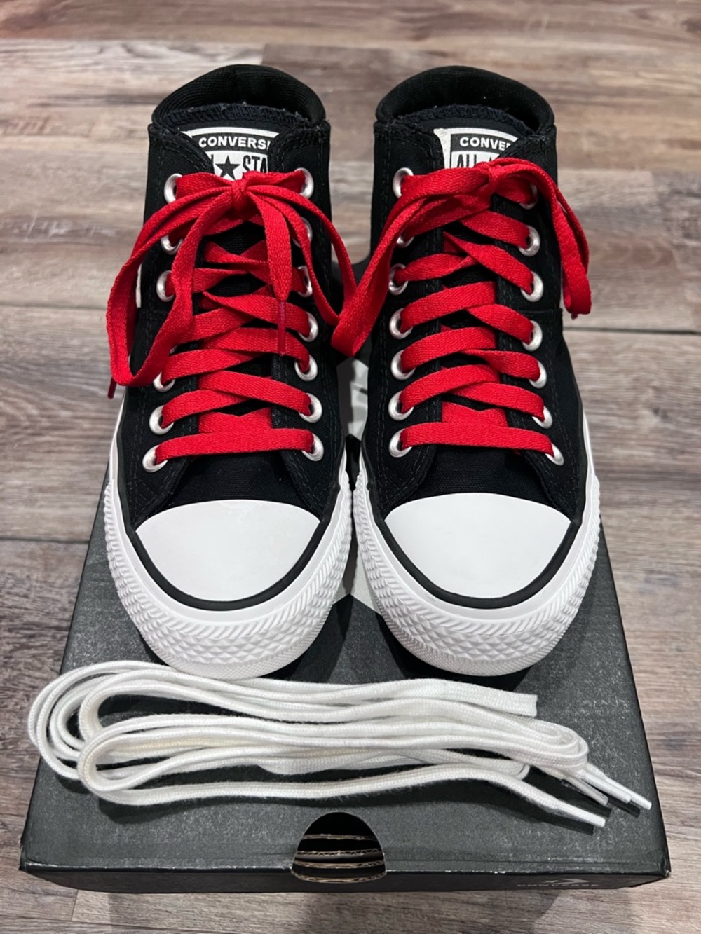 Converse All Star Black Mid Top Sneakers with Red Laces
